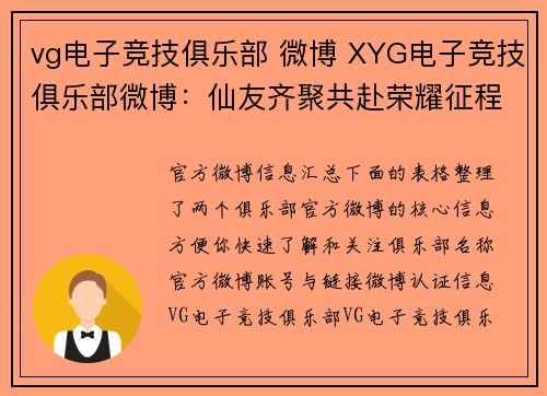 vg电子竞技俱乐部 微博 XYG电子竞技俱乐部微博：仙友齐聚共赴荣耀征程 